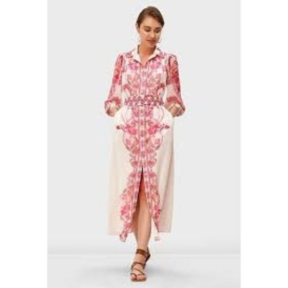 eShakti Size S Floral Paisley Georgette Belted Shirtdress Midi Modest Belted - Picture 1 of 11